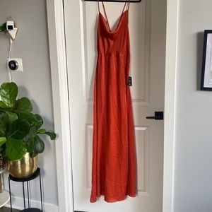 Lulu’s Orange Satin Cowl Neck Maxi Gown